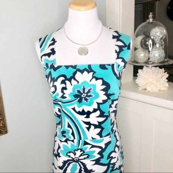 Banana Republic Floral Sheath Dress Teal Green & White 10 Medium - Picture 4 of 9